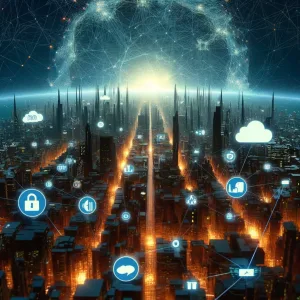 A metaphorical digital cityscape at night, depicting the contrast between the regular internet and the darknet. The surface is a bustling city.