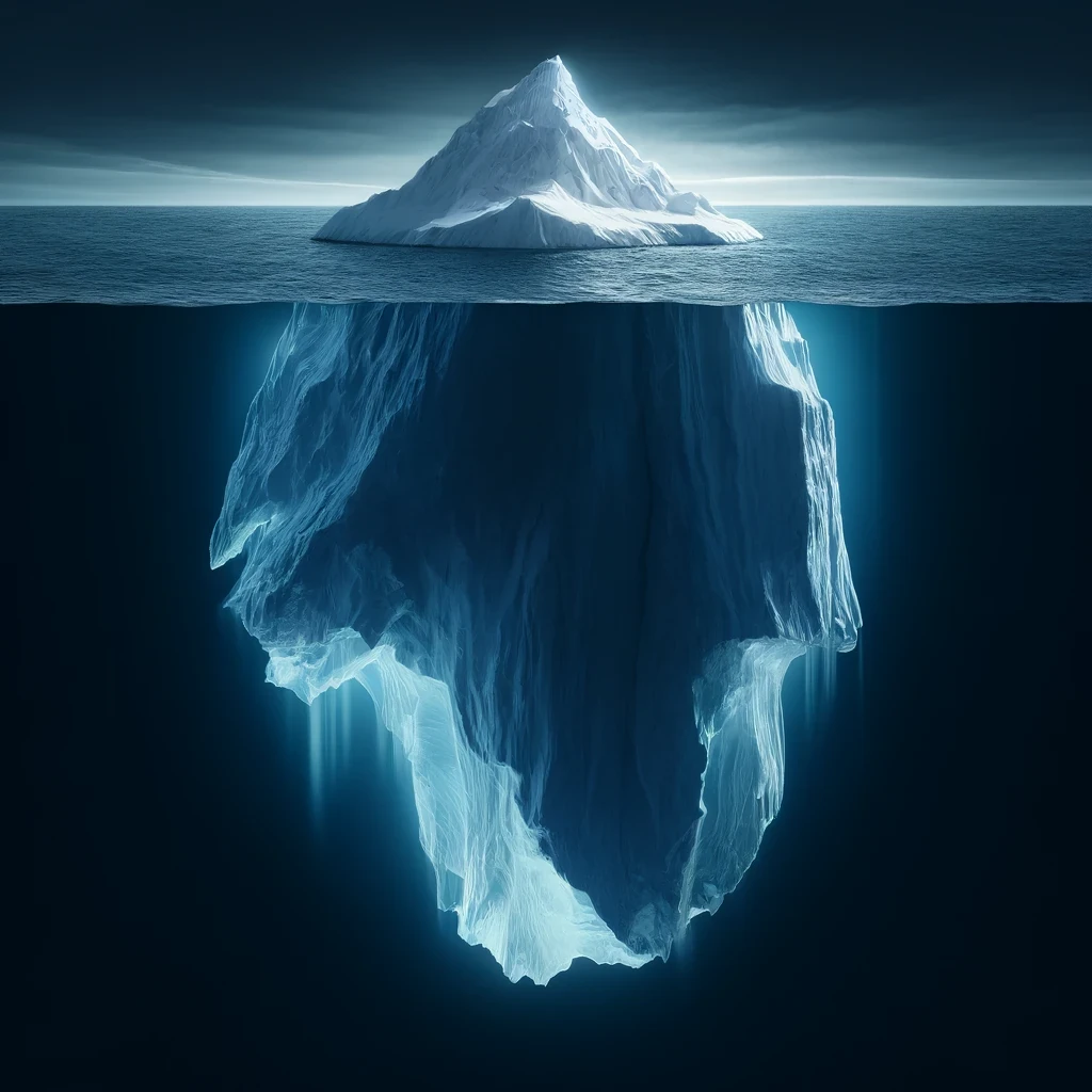 Deepweb är som ett isberg som flyter i ett mörkt, vidsträckt hav. Toppen av isberget ovanför vattnet är en clear web, medan botten av isberget är dolt under vattnet och är en deepweb.